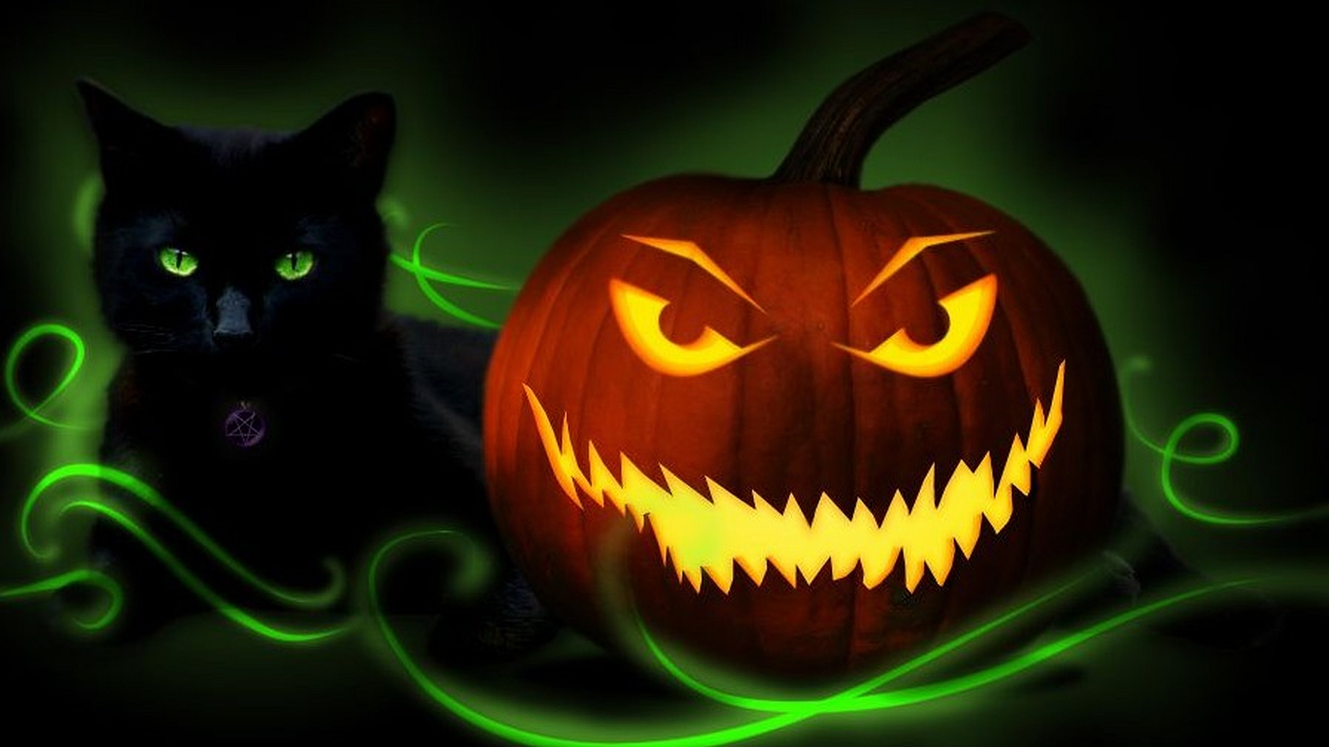 Hình nền máy tính quả bí ngô và chú mèo đen cho đêm halloween 3D cực đẹp