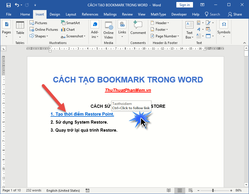 Cách tạo Bookmark trong Word