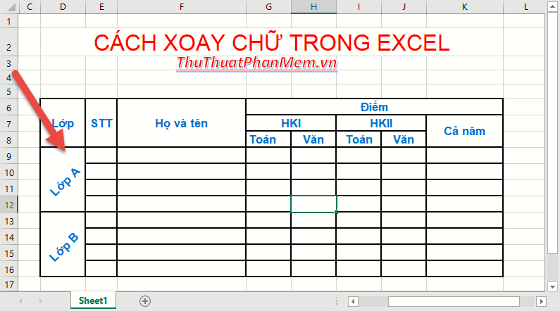 Cách xoay chữ trong Excel
