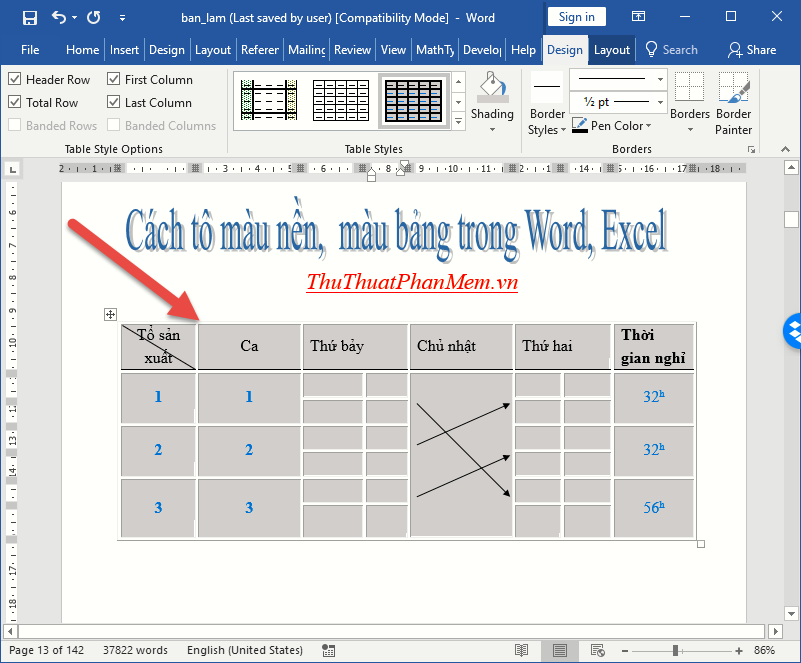 Cách tô màu nền, màu bảng trong Word, Excel