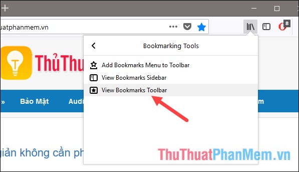 Nhấn View Bookmarks Toolbar để hiển thị thanh Bookmark