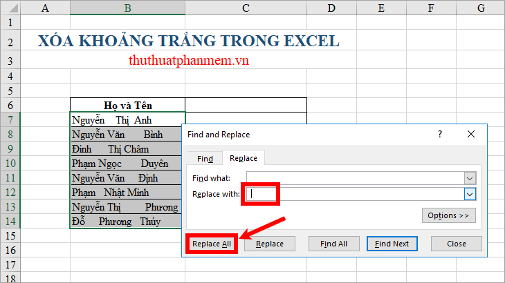 Cách xóa bỏ khoảng trắng trong Excel