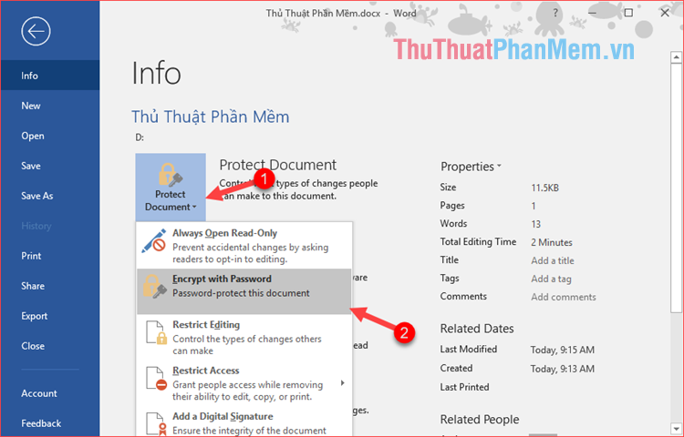 Trong cửa sổ Info chọn Protect Document - Encrypt with Password