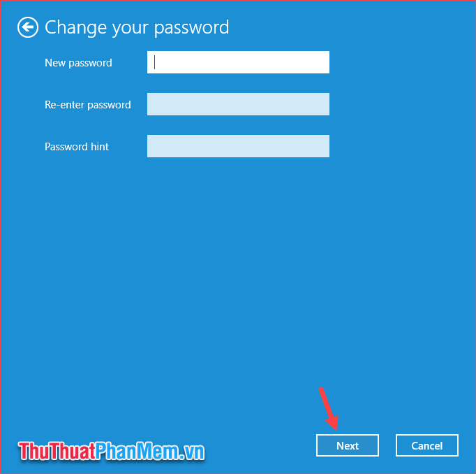 Bỏ trống mật khẩu và nhấn Next
