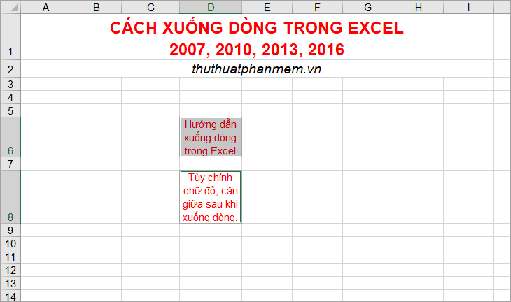 Cách xuống dòng trong Excel 2007, 2010, 2013, 2016