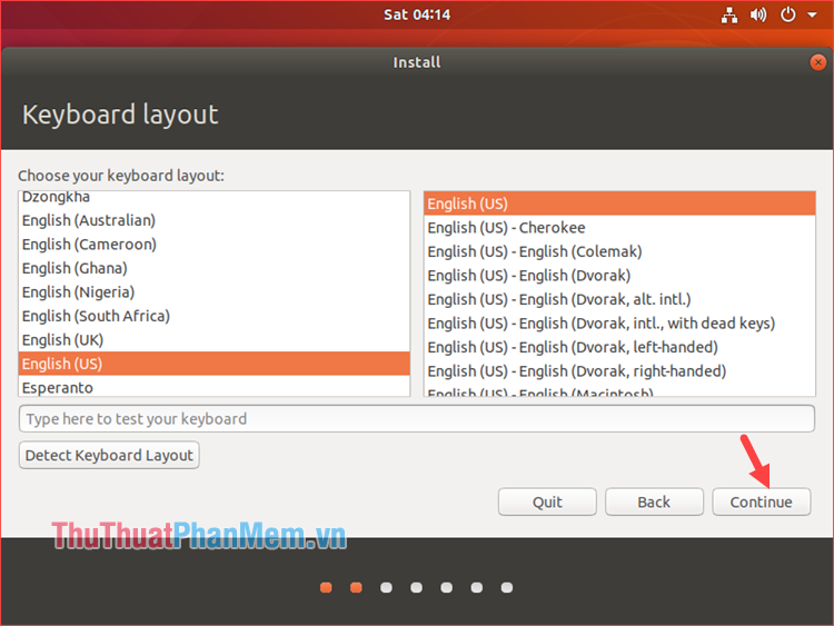 Chọn ngôn ngữ bàn phím cho Ubuntu sau đó nhấn Continue