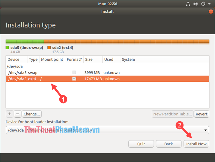 Chọn vào phân vùng / và nhấn Install now để cài đặt Ubuntu