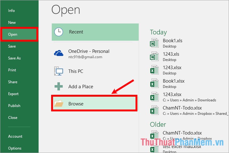 Chọn File - Open - Browse và chọn đến file Excel cần mở