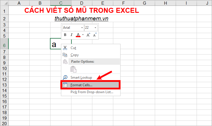 Cách viết số mũ trong Excel