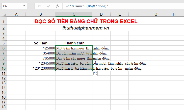 Cách đọc số tiền bằng chữ trong Excel