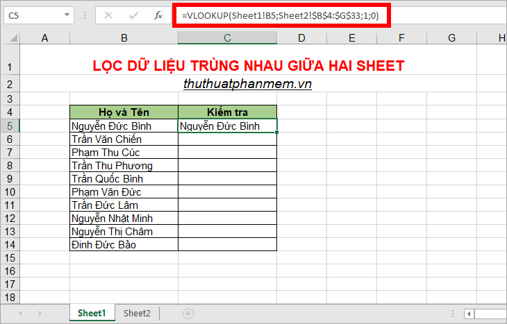 Cách lọc dữ liệu trùng nhau từ 2 Sheet trong Excel