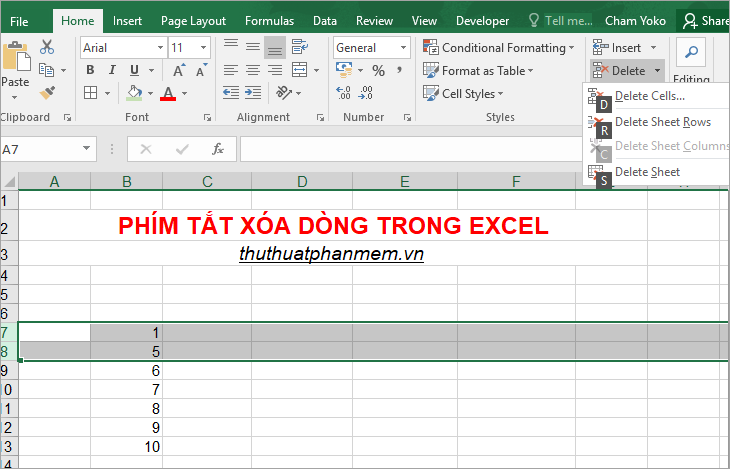 Phím tắt xóa dòng trong Excel, cách xóa dòng trong Excel bằng phím tắt