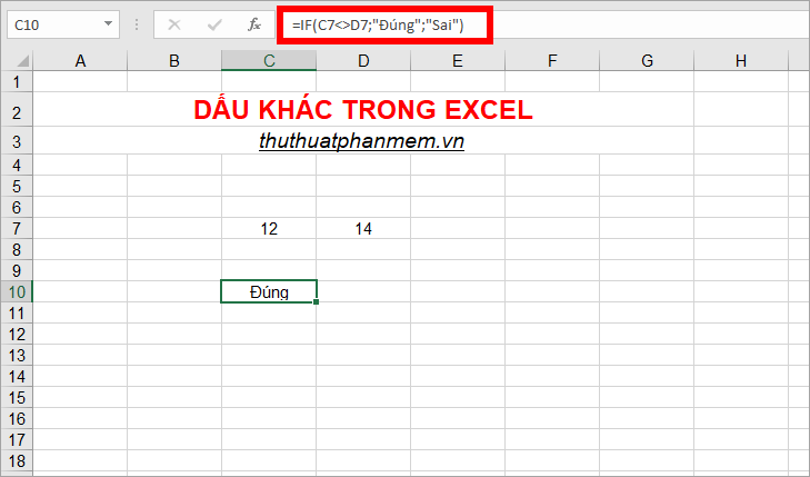 Dấu khác trong Excel, cách viết dấu khác trong Excel