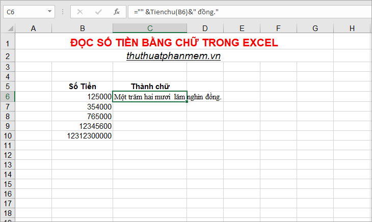Cách đọc số tiền bằng chữ trong Excel