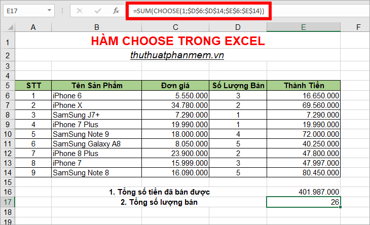Hàm Choose trong Excel, cách sử dụng hàm Choose và ví dụ minh họa