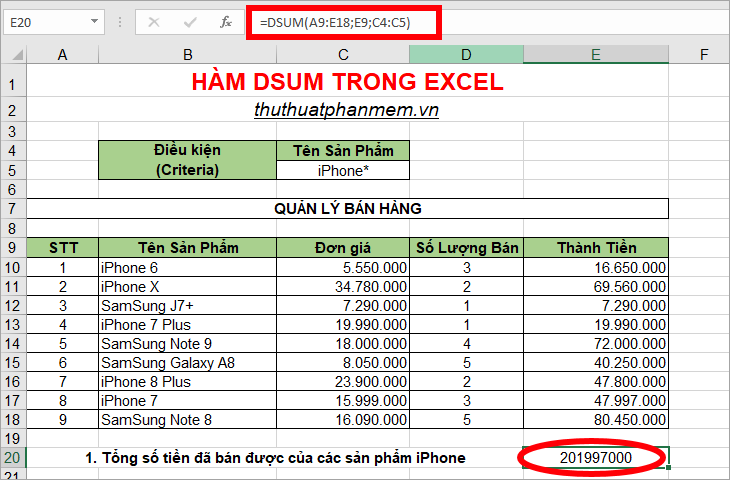 Hàm DSUM trong Excel, cách sử dụng hàm DSUM và ví dụ minh họa