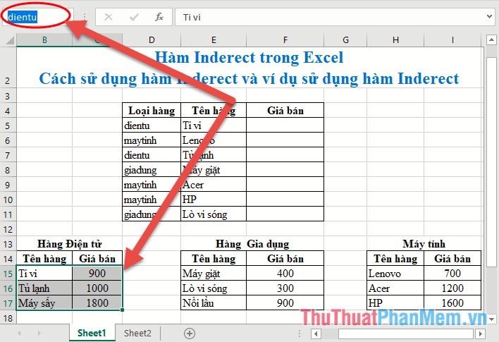 Hàm INDIRECT trong Excel - Cách sử dụng hàm INDIRECT và ví dụ sử dụng hàm INDIRECT