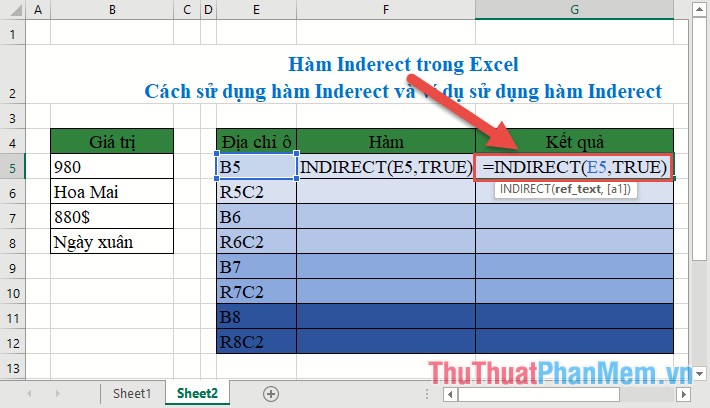 Hàm INDIRECT trong Excel - Cách sử dụng hàm INDIRECT và ví dụ sử dụng hàm INDIRECT