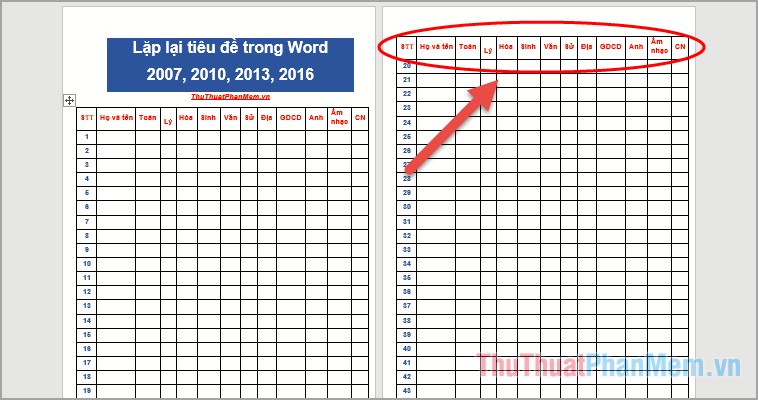 Lặp lại tiêu đề trong Word - Hướng dẫn cách lặp lại tiêu đề trong Word 2007, 2010, 2013, 2016