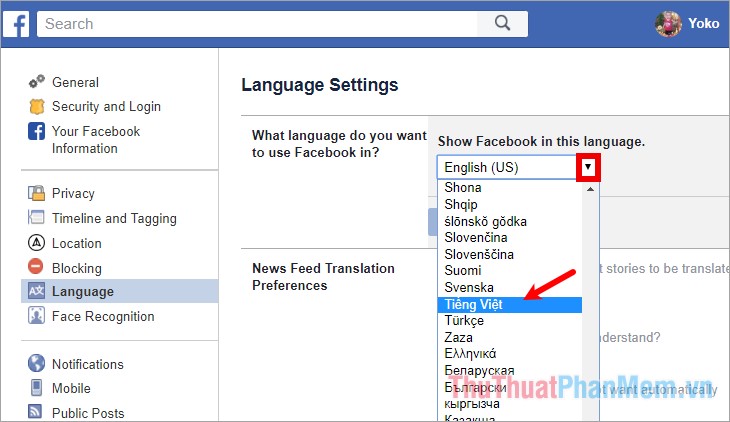 Chọn ngôn ngữ muốn sử dụng trên Facebook