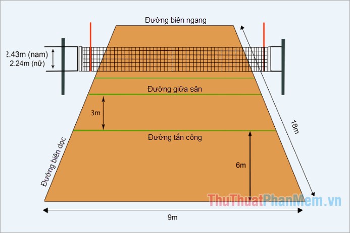 Kích thước sân bóng chuyền tiêu chuẩn Việt Nam và quốc tế