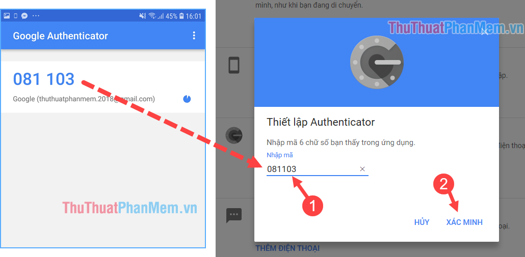 Nhập mã xuất hiện trên ứng dụng Google Authenticator vào ô trống và nhấn Xác Minh