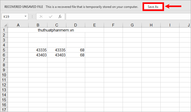 Chọn Save As và chọn vị trí lưu file Excel cần lấy lại