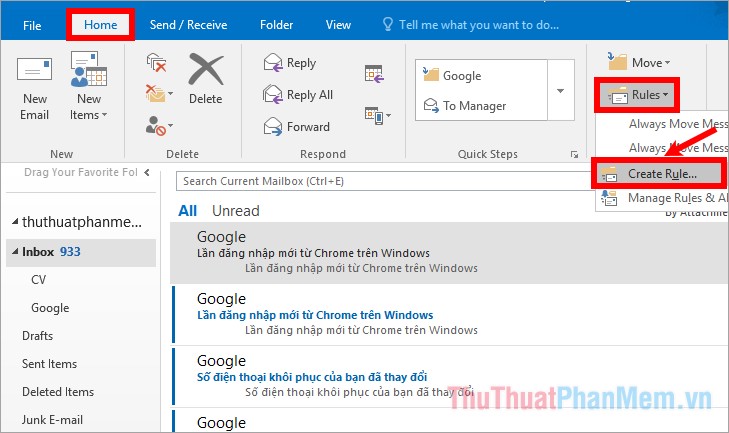 Cách tạo folder trong Outlook 2010, 2013, 2016