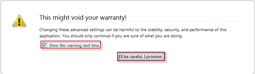 Hộp thoại cảnh báo cấu hình Firefox