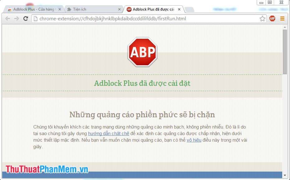 Cửa sổ thông báo cài đặt thành công Adblock Plus