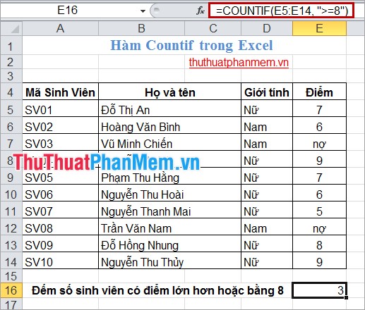 Hàm Countif trong Excel 2