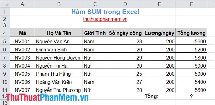 Hàm SUM trong Excel 1