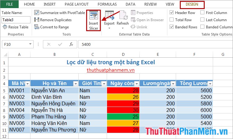 Lọc dữ liệu trong bảng Excel 9.