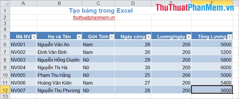 Tạo bảng trong Excel 2