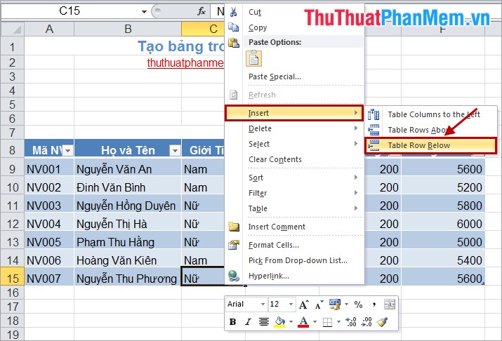 Tạo bảng trong Excel 3