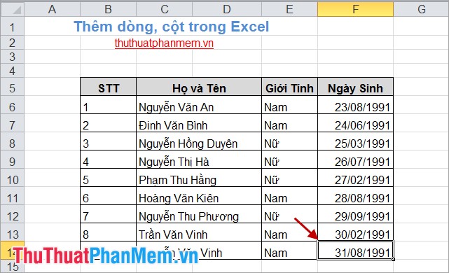 Thêm hàng và cột trong Excel 7