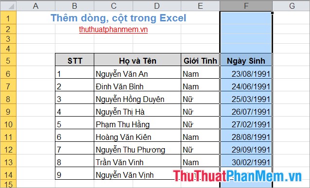 Thêm hàng և cột trong Excel 8