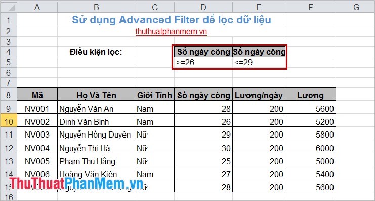 Sử dụng Advanced Filter để lọc dữ liệu 5