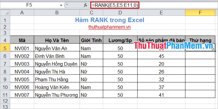 Hàm RANK trong Excel 2