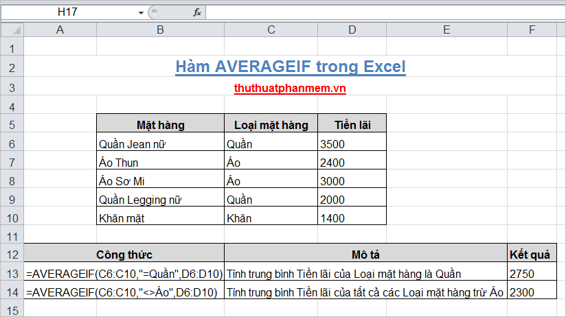 Hàm AVERAGEIF trong Excel 3