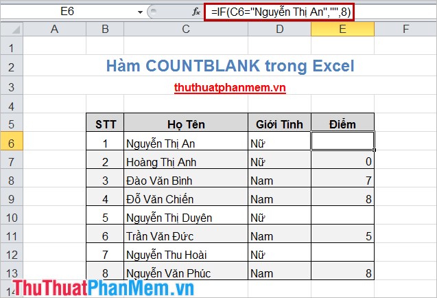 Hàm COUNTBLANK trong Excel 2