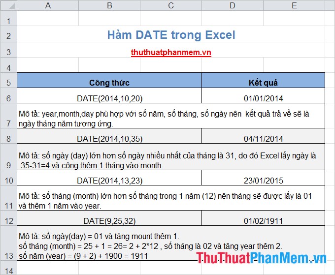 Hàm DATE trong Excel 2