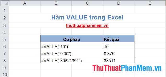 hàm value trong excel