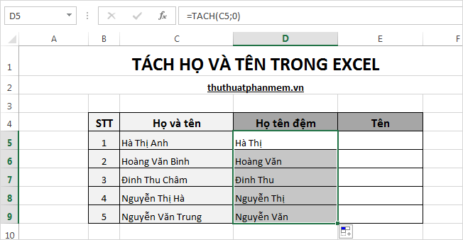 Tách họ và tên trong Excel 10