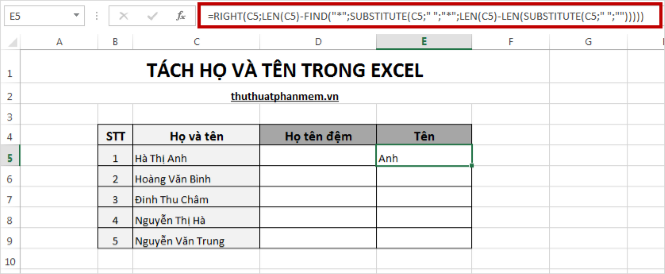 Tách họ và tên trong Excel 2