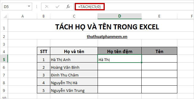 Tách họ và tên trong Excel 9