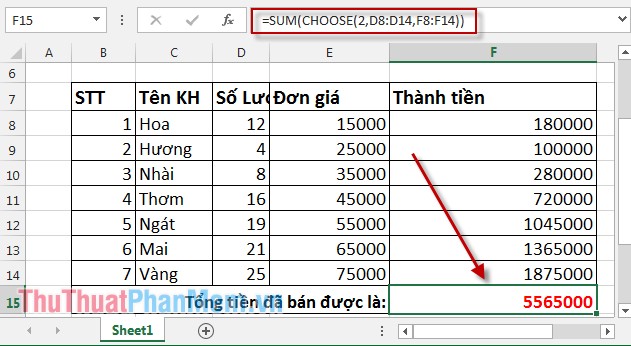 Hàm Choose kết hợp với hàm Sum trong Excel 3