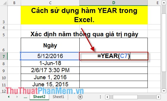 Cách sử dụng hàm YEAR trong Excel 2