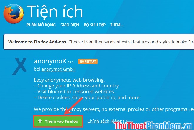 [Firefox に追加]Nhấp để thêm addon anonymoX. 