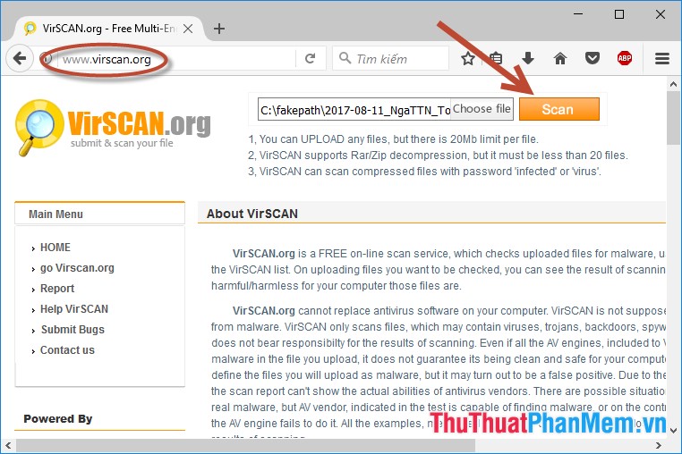 Quét virus online trên trang: http://www.virscan.org/
